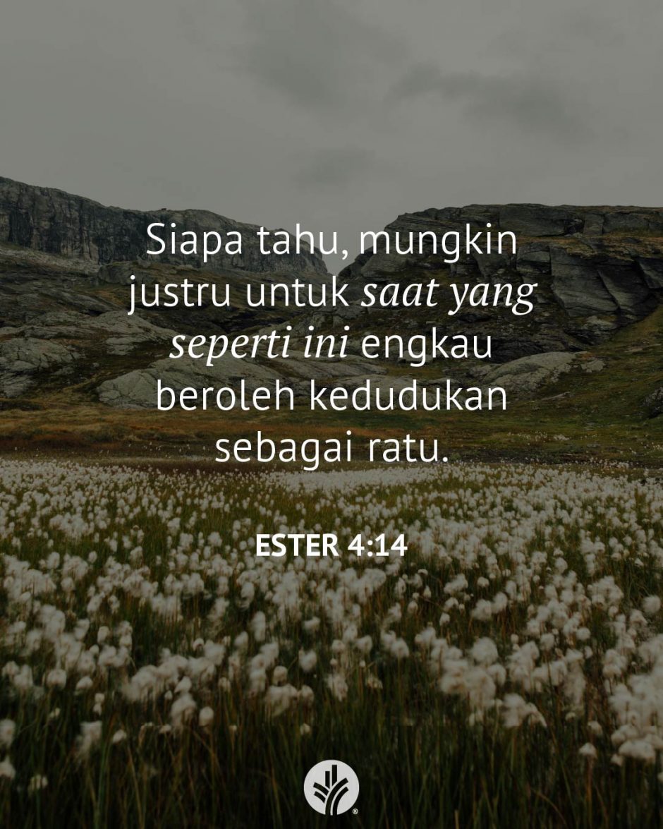 Siapa tahu, mungkin justru untuk saat yang seperti ini engkau beroleh kedudukan sebagai ratu. (Ester 4:14) Siapa tahu, mungkin justru untuk saat yang seperti ini engkau beroleh kedudukan sebagai ratu. (Ester 4:14)